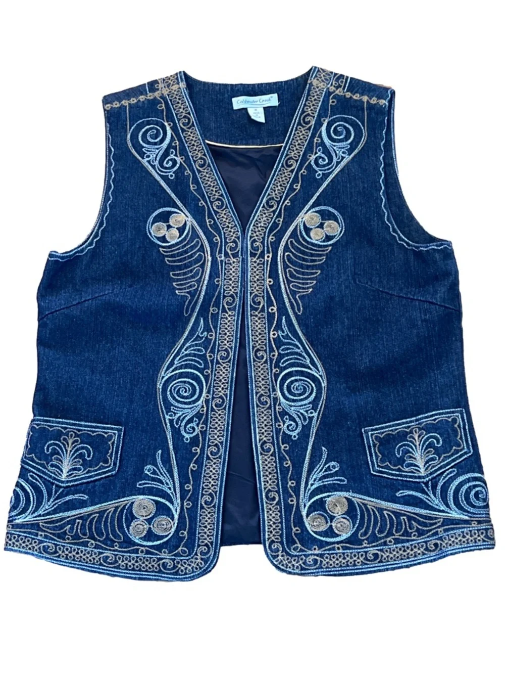 Coldwater Creek Navy Denim Vest with Gold Embroidery - Picture 2 of 7